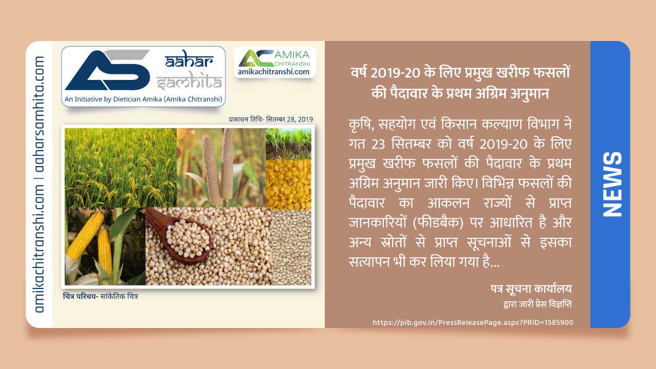 वर्ष 2019-20 के लिए प्रमुख खरीफ फसलों की पैदावार के प्रथम अग्रिम अनुमान - Aahar Samhita by Dietician Amika